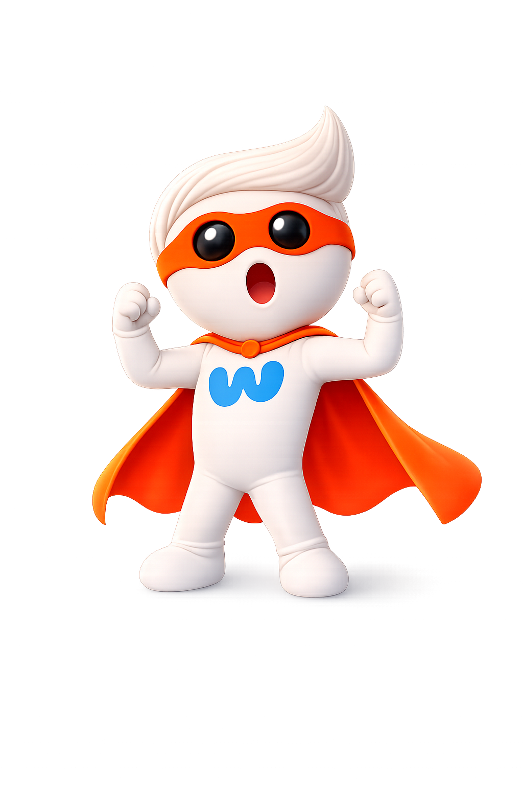 Mr. Wow, la mascota de Crediwow, con los brazos en alto